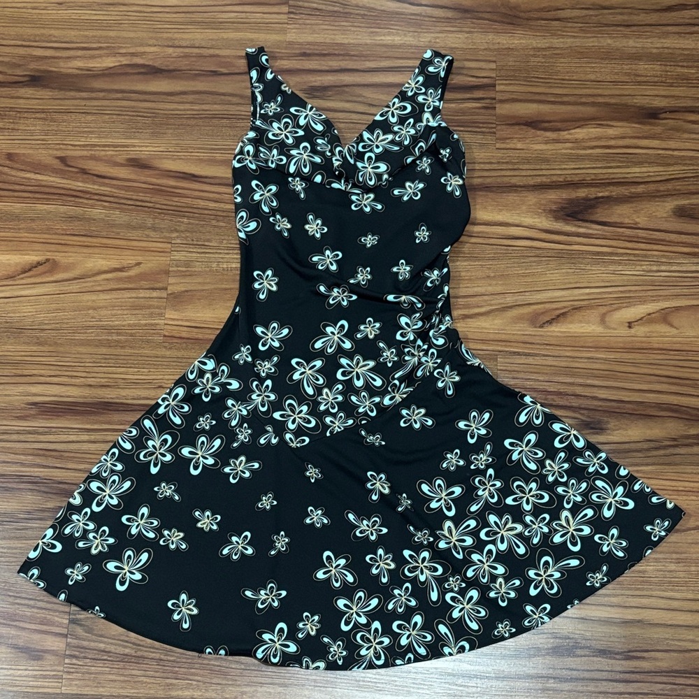 Vintage Jodi Kristopher Black Women's Dress with Blue Flowers